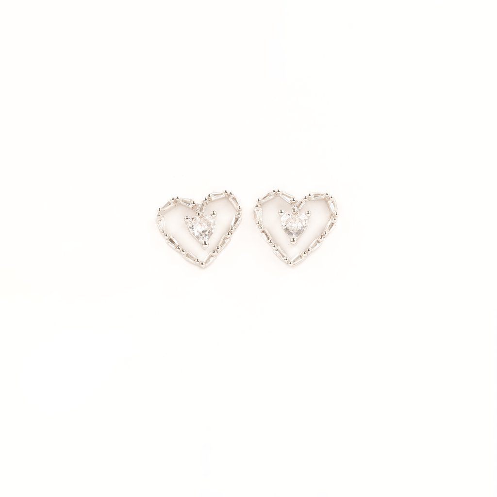 Silver Zircon Nested Heart Studs