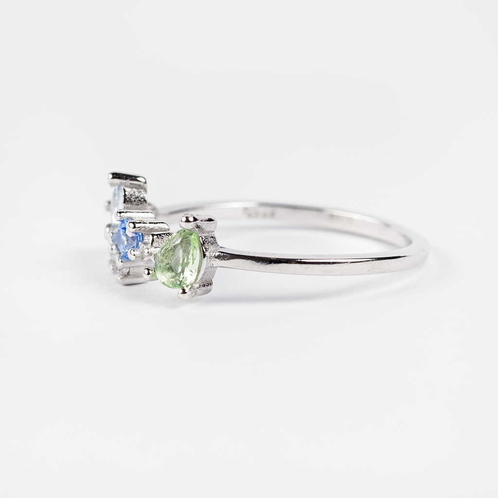 Silver Blue Stone Petals Ring