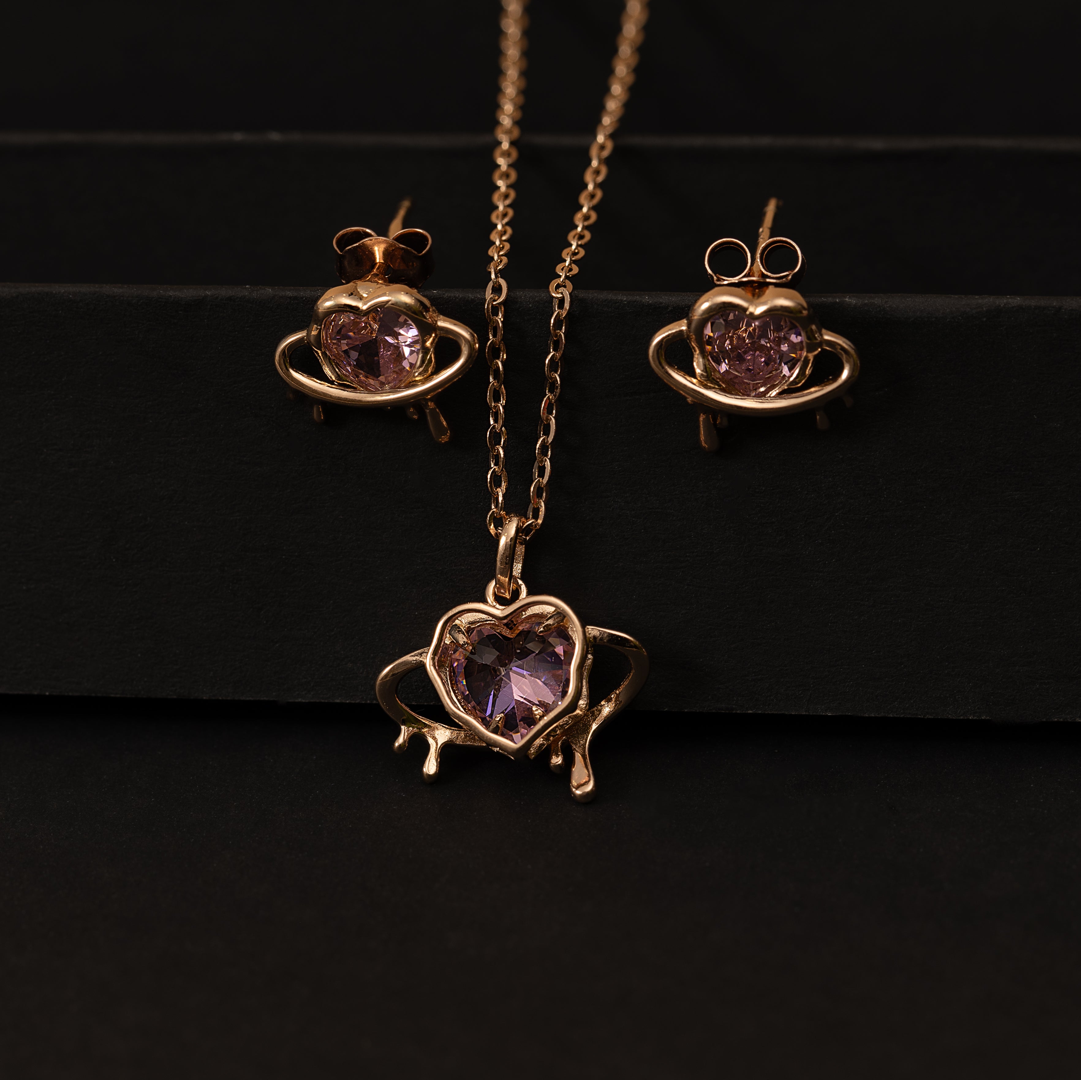 Silver Pink Heart Necklace & Studs Set