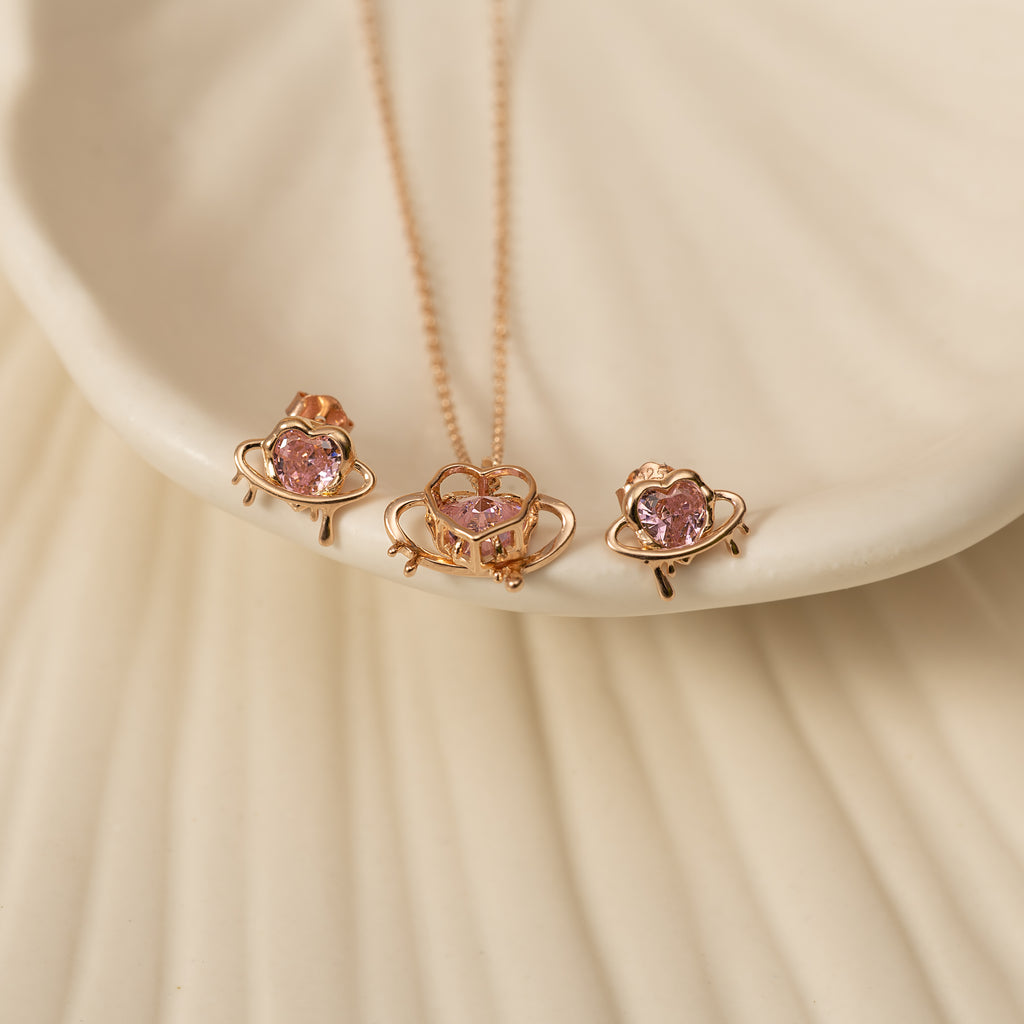 Silver Pink Heart Necklace & Studs Set