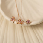 Silver Pink Heart Necklace & Studs Set