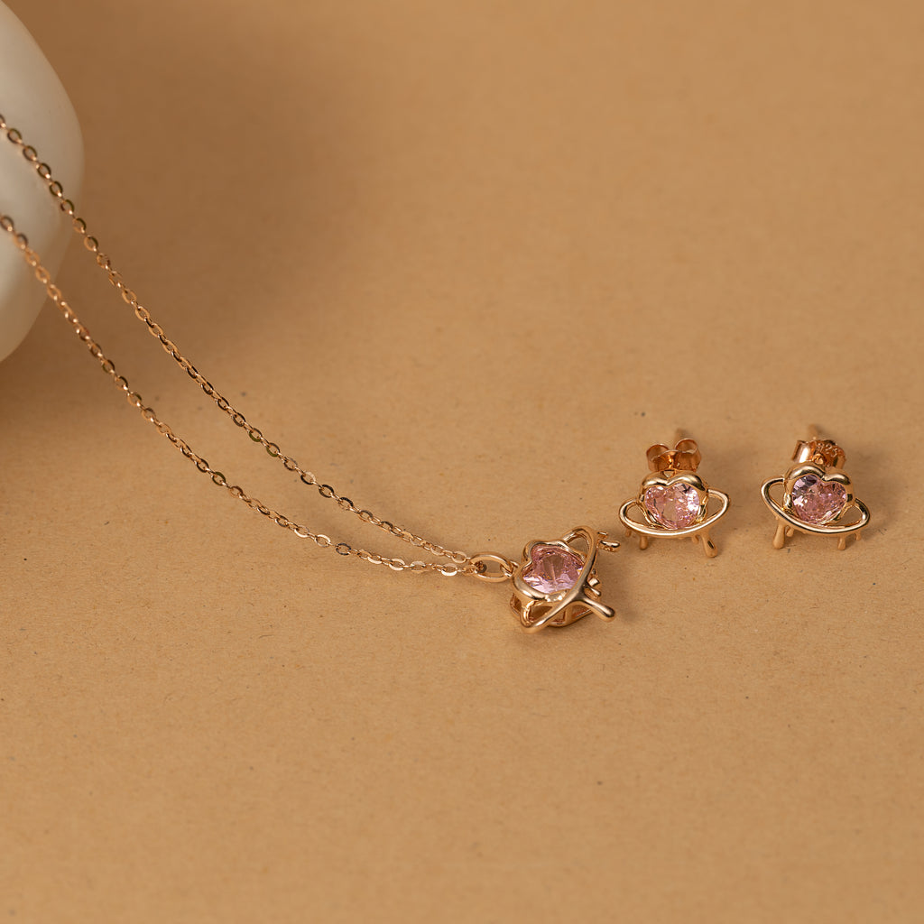 Silver Pink Heart Necklace & Studs Set