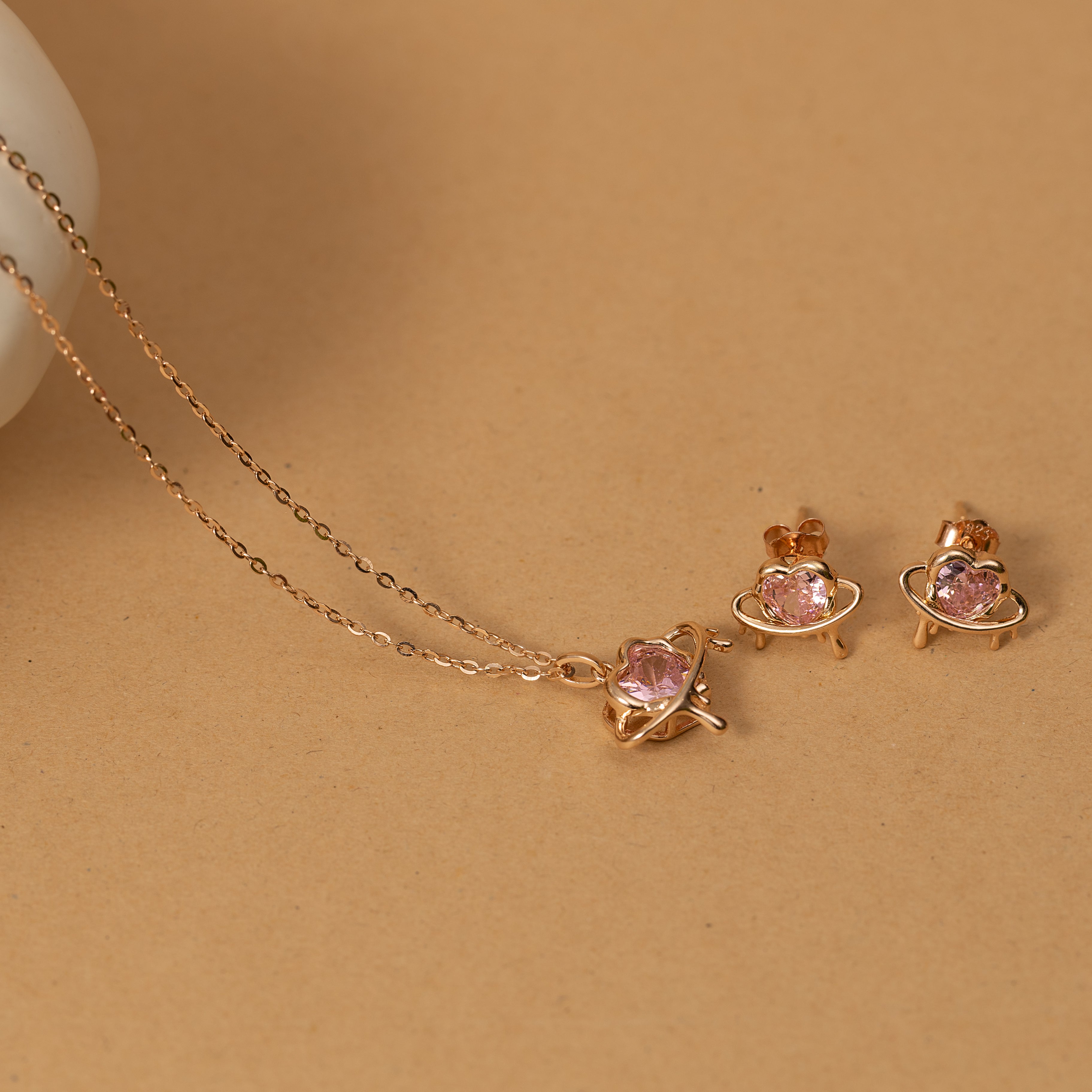 Silver Pink Heart Necklace & Studs Set