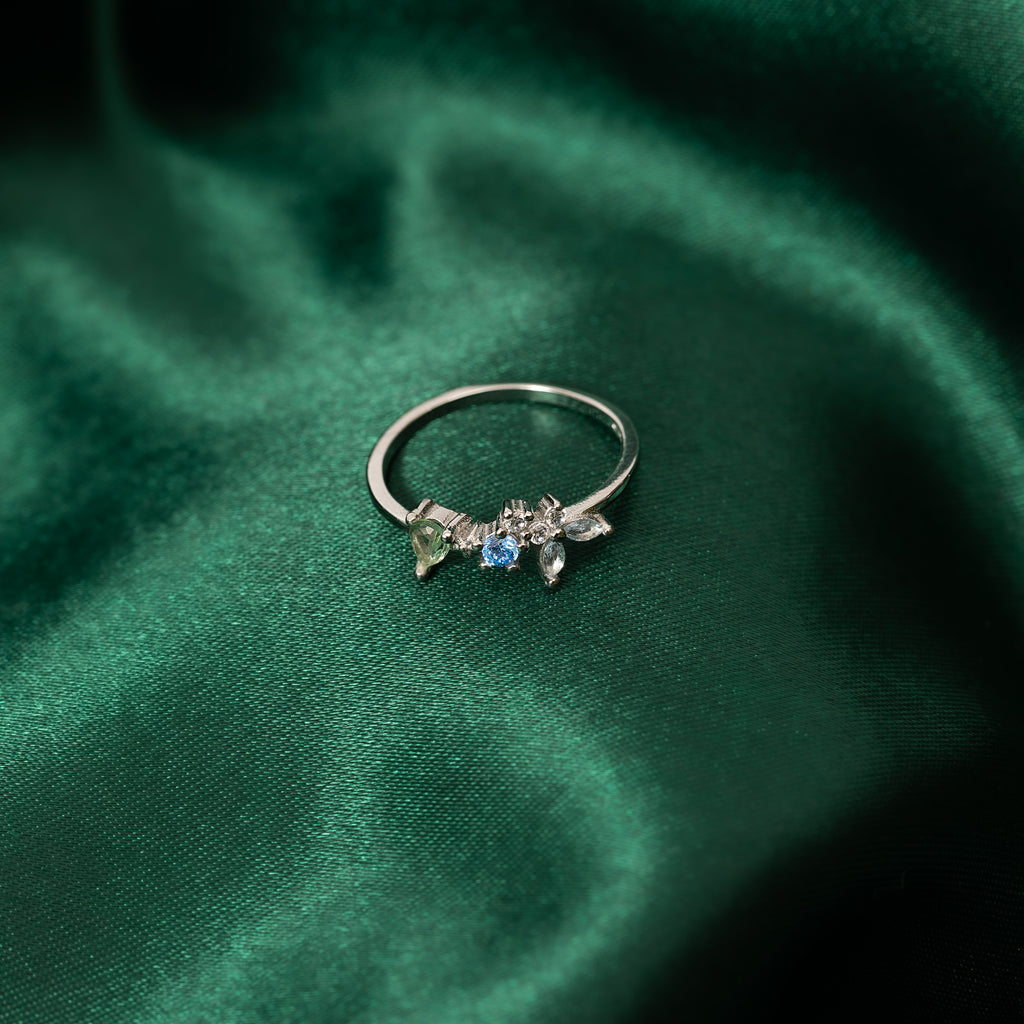 Silver Blue Stone Petals Ring