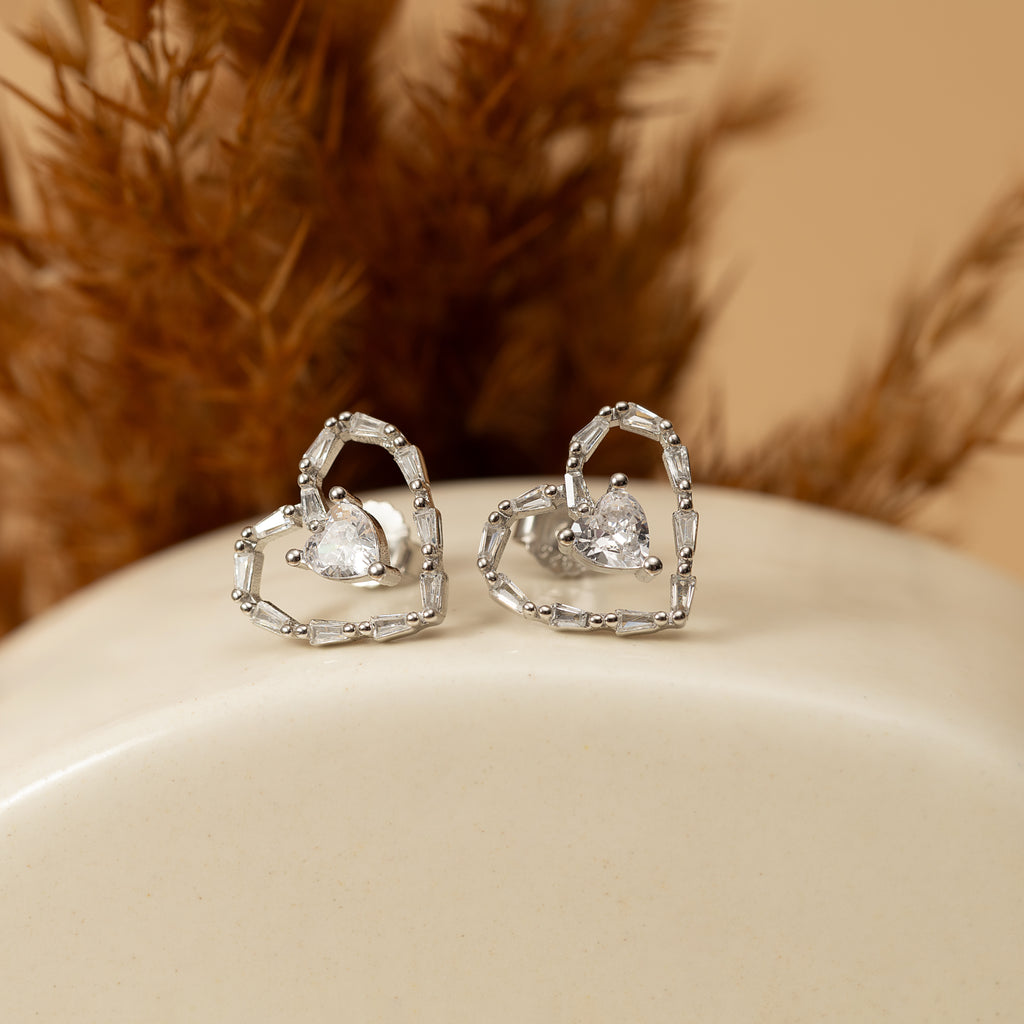 Silver Zircon Nested Heart Studs