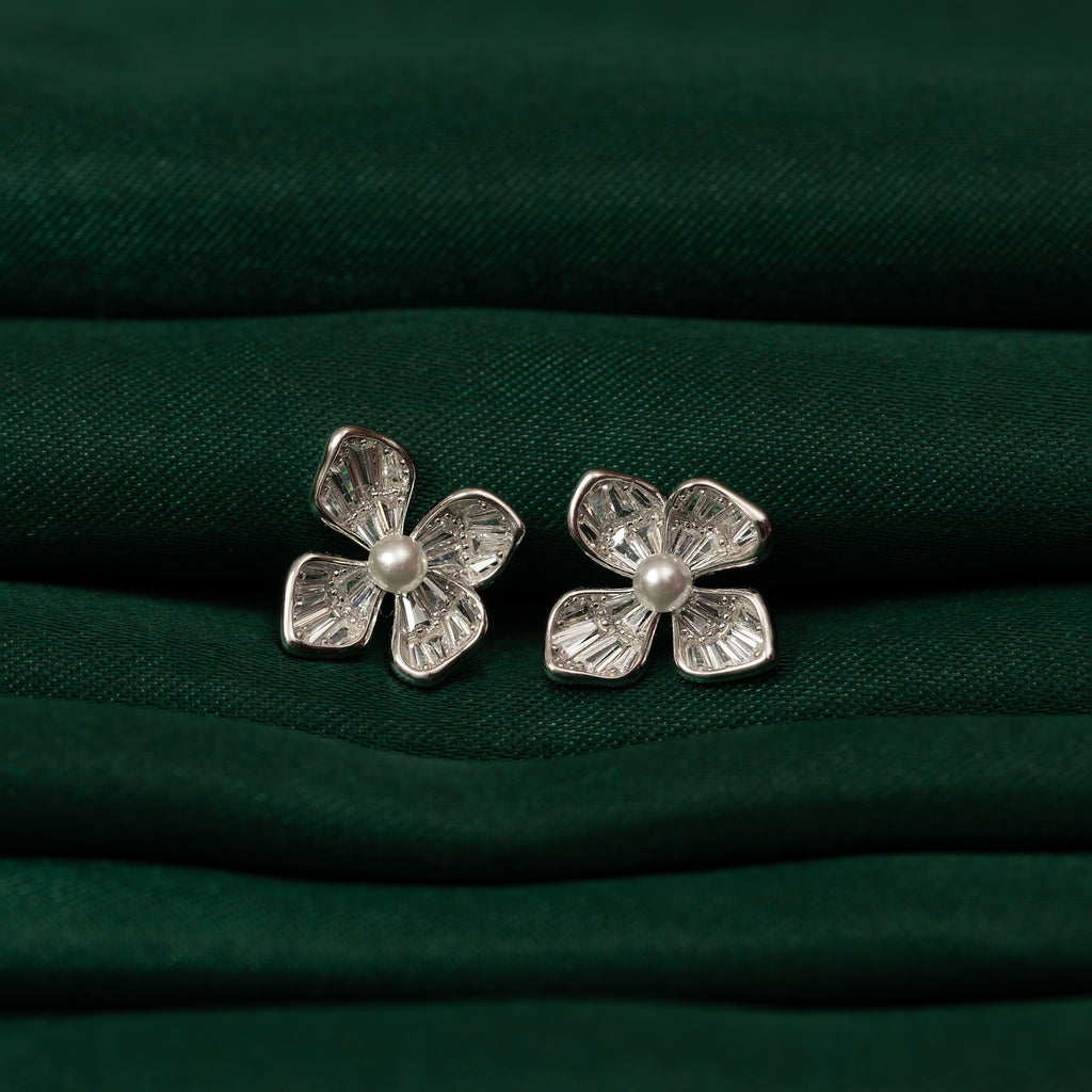 Silver Floral Pearl Studs