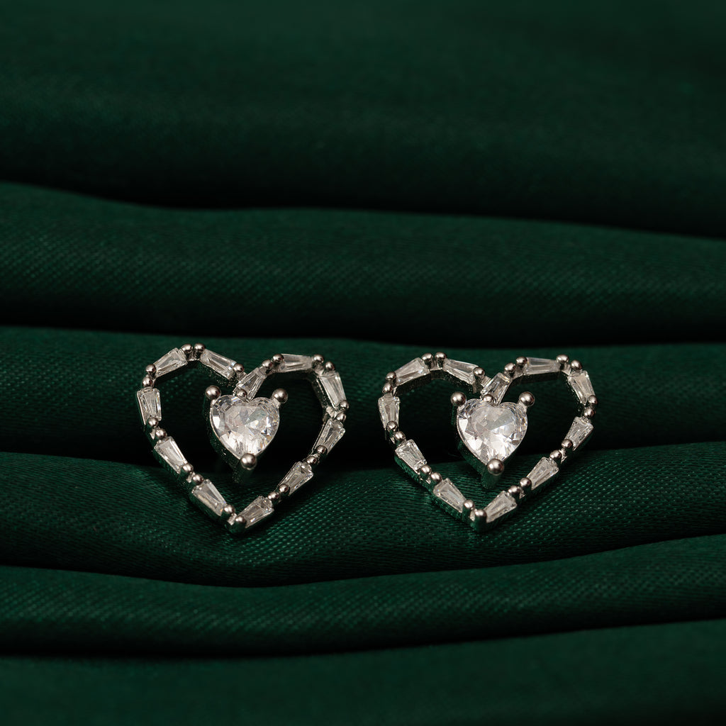 Silver Zircon Nested Heart Studs