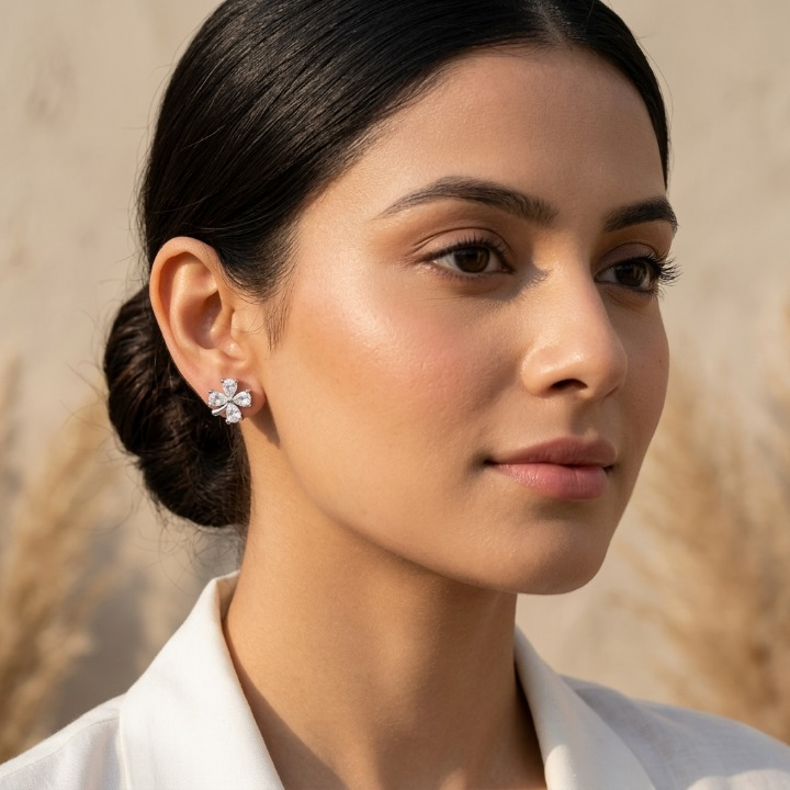 Silver Four Leaves Petal Studs