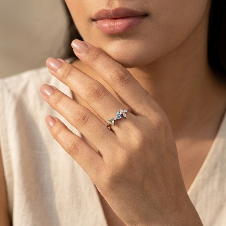 Silver Blue Stone Petals Ring