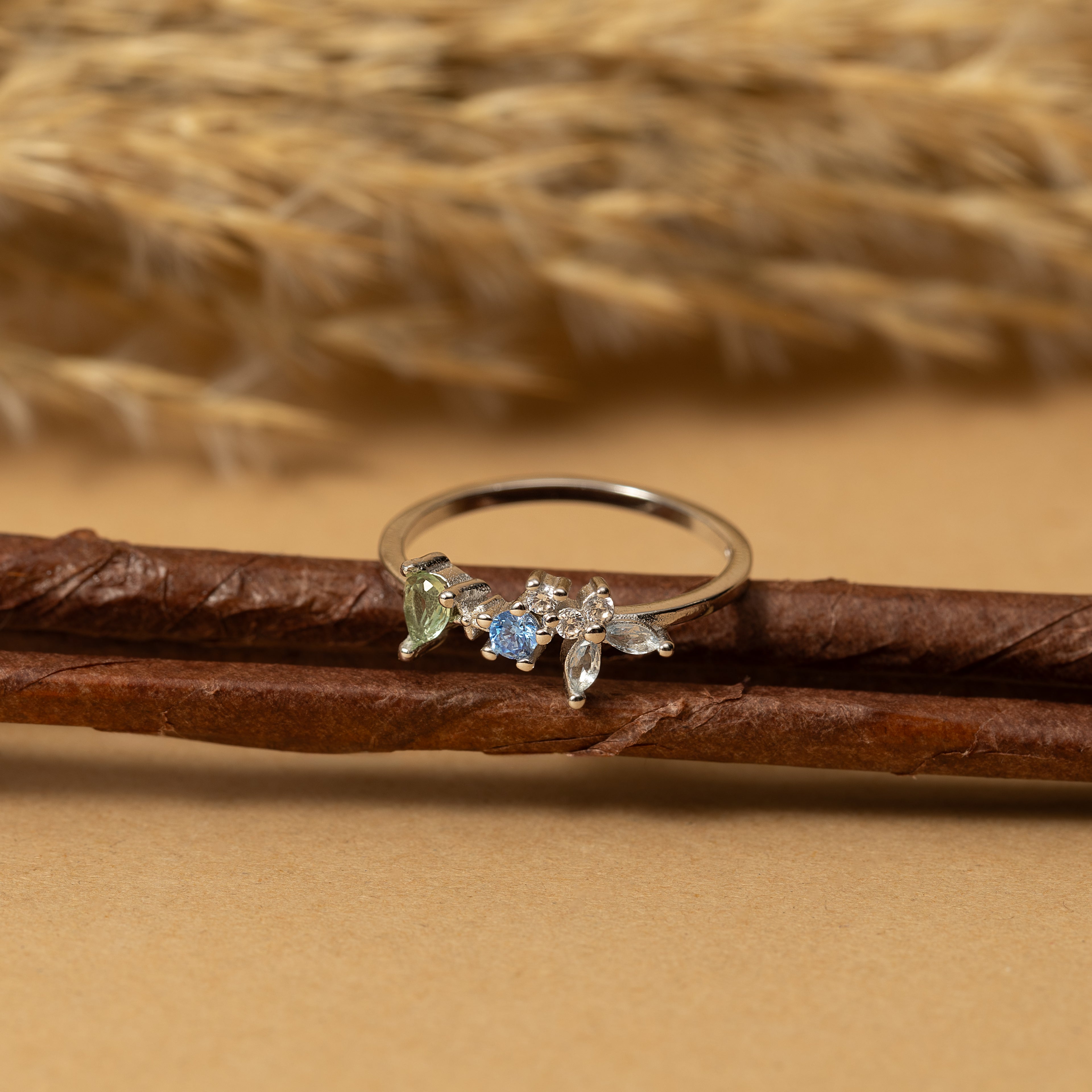 Silver Blue Stone Petals Ring