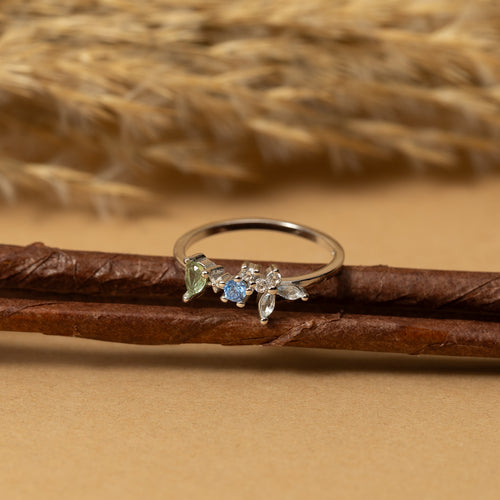 Silver Blue Stone Petals Ring