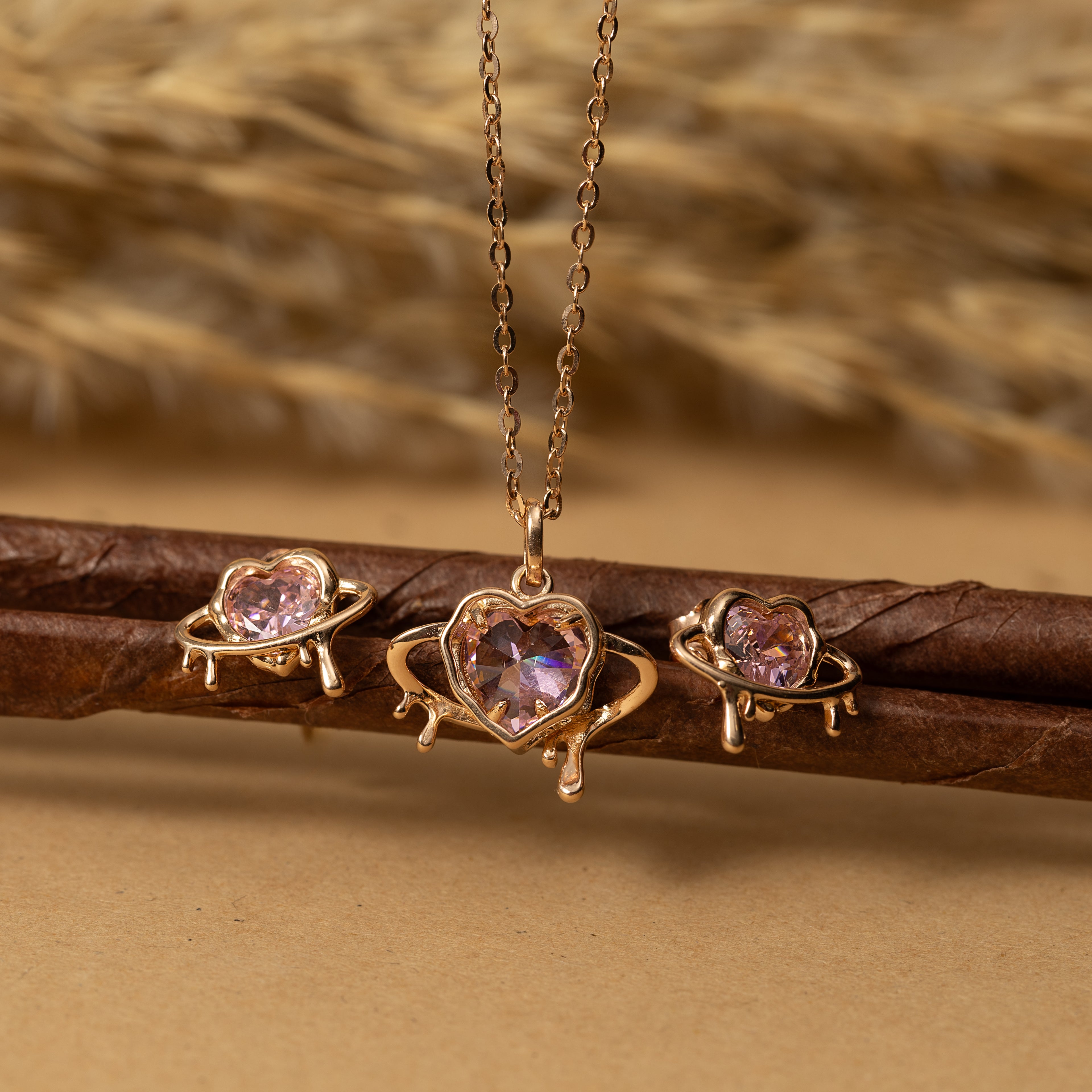 Silver Pink Heart Necklace & Studs Set