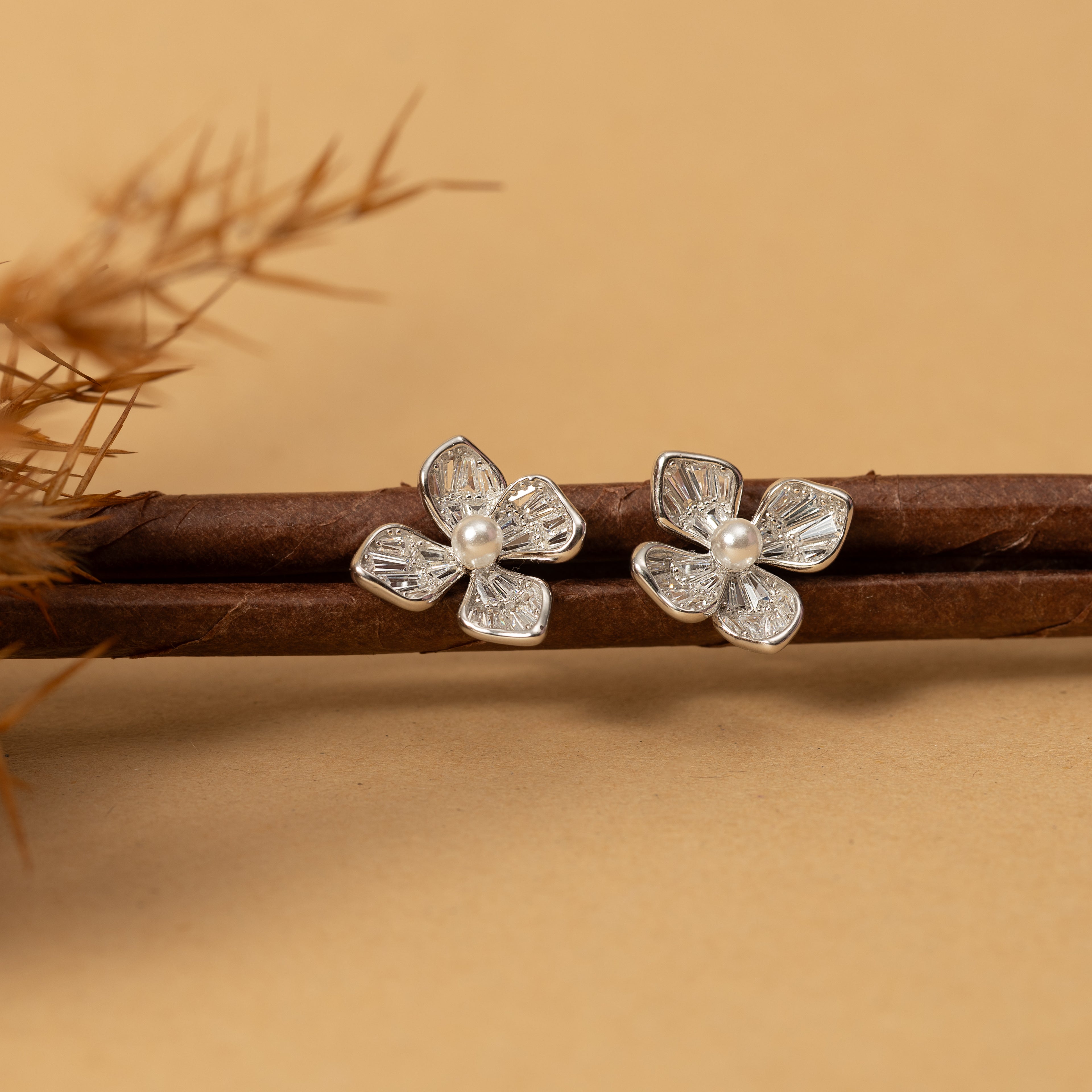 Silver Floral Pearl Studs