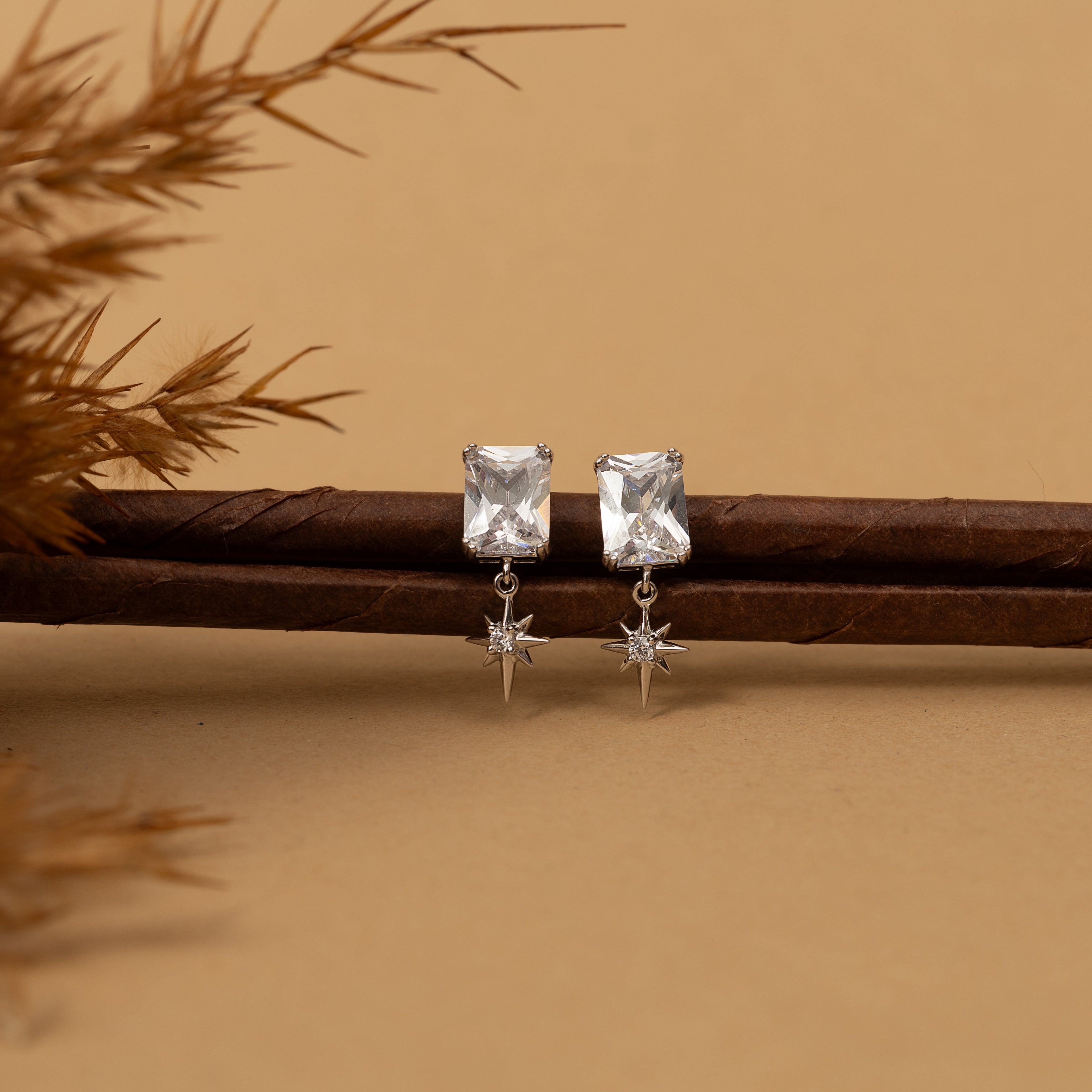 Silver Zircon Celestial Star Earrings